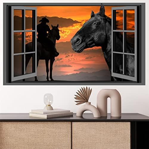 Black Horse Wall Sticker 3D Fake Window Farm Animal Decal