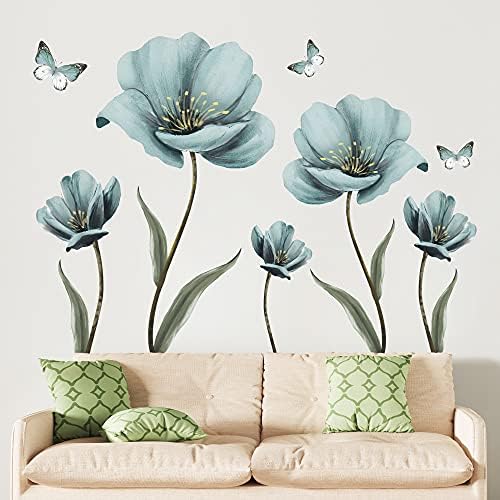 Dreamy Blue Flower Wall Decals with Painted Butterflies