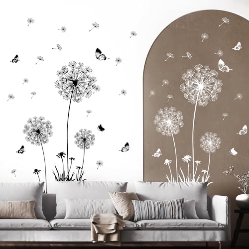4 Sheets Dandelion Wildflower Wall Decals White Black