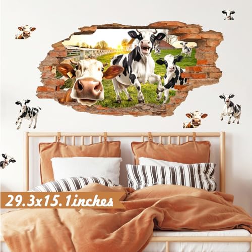 3D Broken Wall Decals Funny Cow Art for Living Room Kitchen