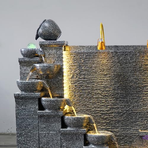 Modern 66ft Cement Fountain with Tiered Bowl and LED Lights