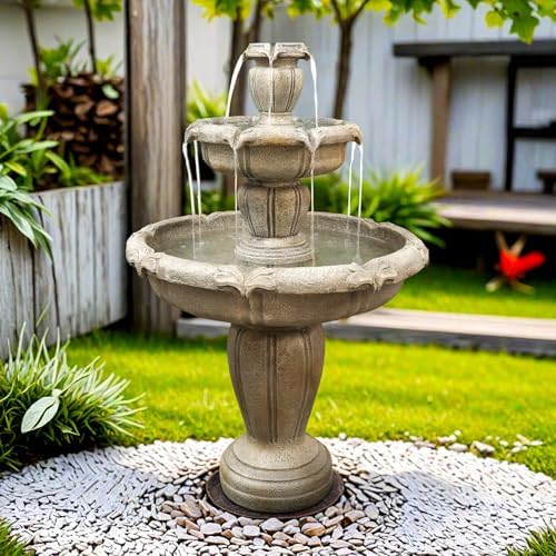 SunJet 48 Inch Modern Concrete Water Fountain with 3 Tiered Waterfalls