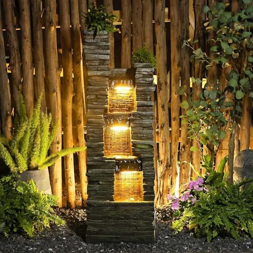 47 Inch Gray Outdoor Fountain With LED Lights And Pump