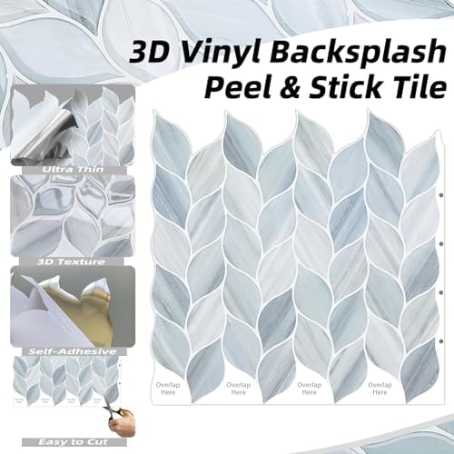 Tilingview 10 Pcs Leaf Design Peel and Stick Wall Tiles Blue Gray