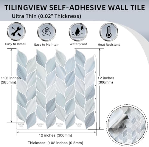 Tilingview 10 Pcs Leaf Design Peel and Stick Wall Tiles Blue Gray