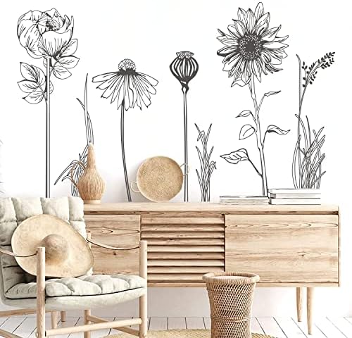 Black Simple Flower Plant Wall Decals 2 Sheets