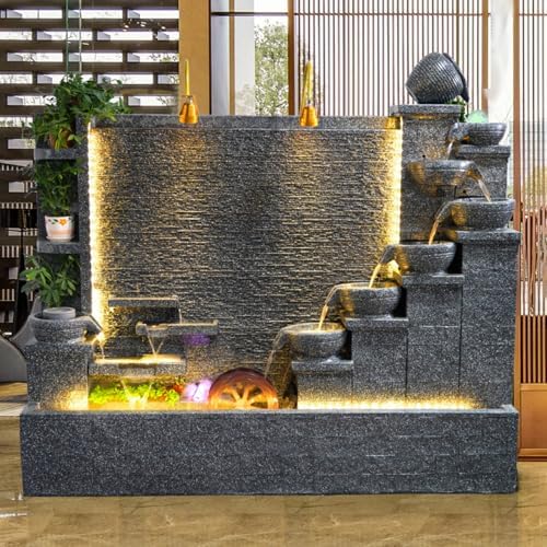 Modern 66ft Cement Fountain with Tiered Bowl and LED Lights
