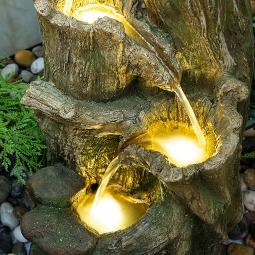Outdoor Water Fountain with LED Lights - Rustic Garden Decor