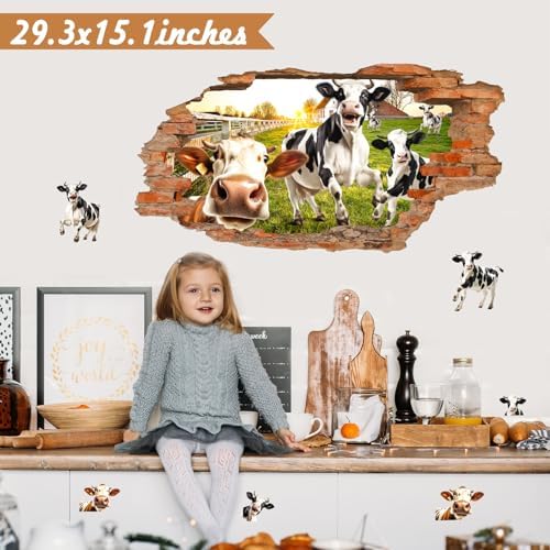 3D Broken Wall Decals Funny Cow Art for Living Room Kitchen