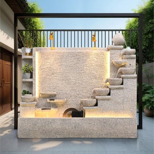 Modern 66ft Cement Fountain with LED Light and Tiered Design