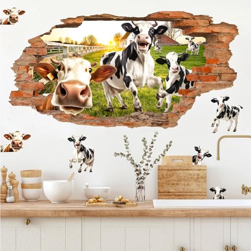 3D Broken Wall Decals Funny Cow Art for Living Room Kitchen