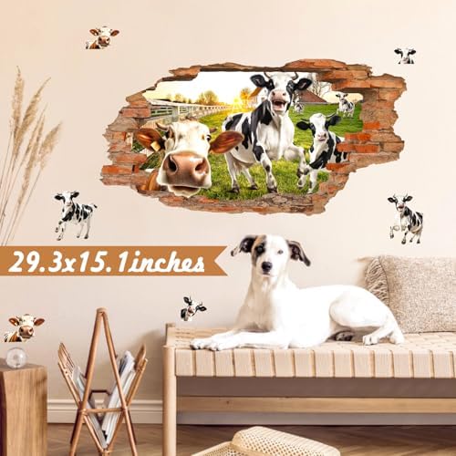 3D Broken Wall Decals Funny Cow Art for Living Room Kitchen