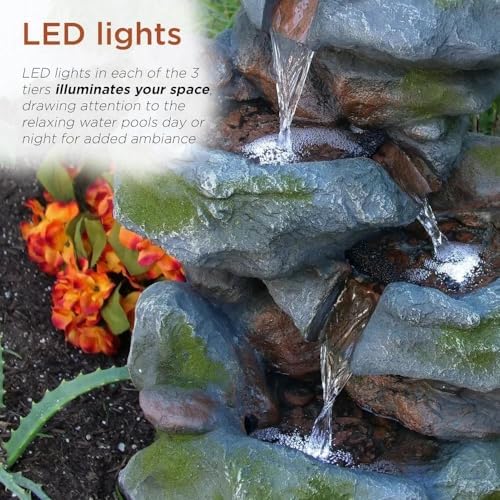 Outdoor 3-Tier Rock Waterfall Fountain with LED Lights
