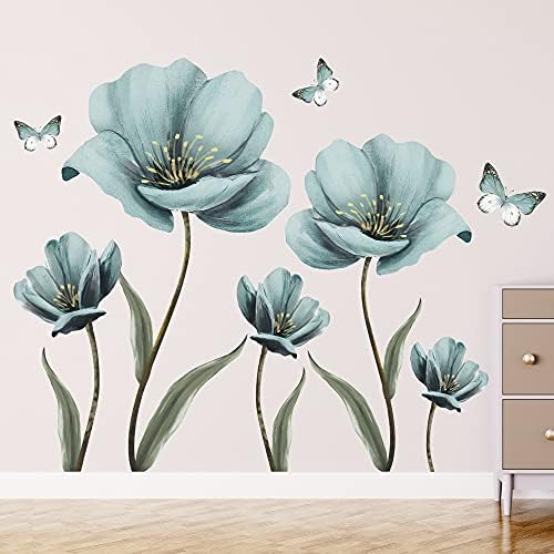 Dreamy Blue Flower Wall Decals with Painted Butterflies