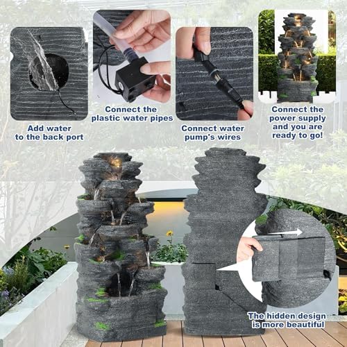 MAGIC UNION 10-Tier Rock Water Fountain with LED Lights