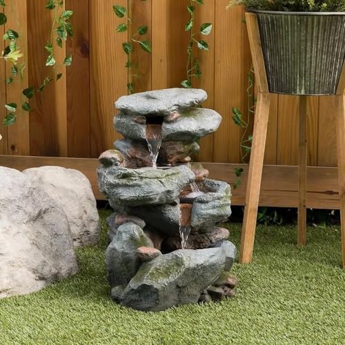 Outdoor 3-Tier Rock Waterfall Fountain with LED Lights