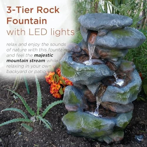 Outdoor 3-Tier Rock Waterfall Fountain with LED Lights