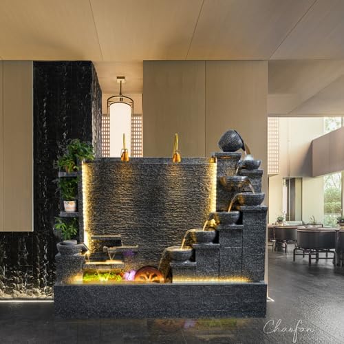 Modern 66ft Cement Fountain with Tiered Bowl and LED Lights