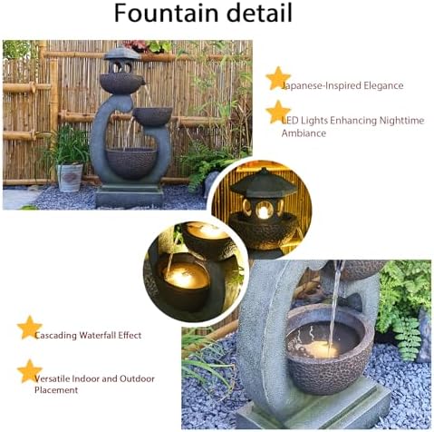 Modern Zen Outdoor Water Fountain with LED Lights and Pump
