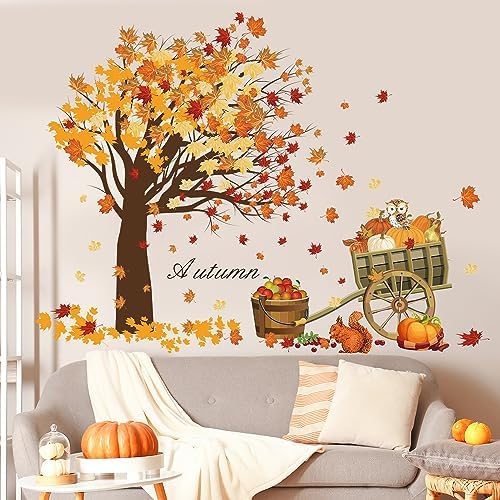 Fall Thanksgiving Wall Sticker with Maple Leaves and Pumpkins