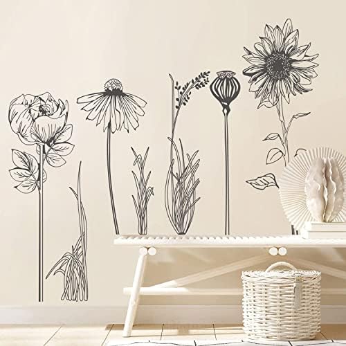 Black Simple Flower Plant Wall Decals 2 Sheets