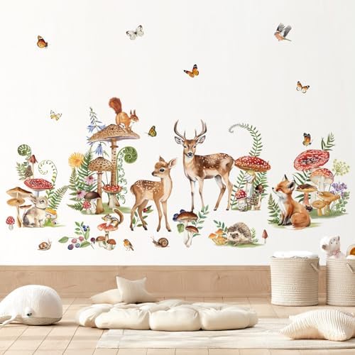 Decalmile Woodland Animals Wall Decals Deer Fox Mushroom Butterfly Stickers