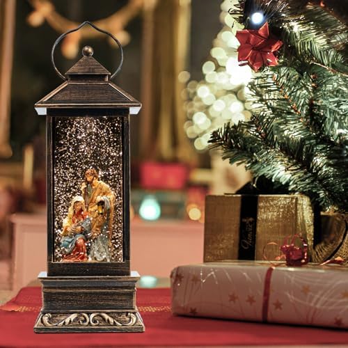 12 Inch Christmas Snow Globe Lantern with Nativity Scene