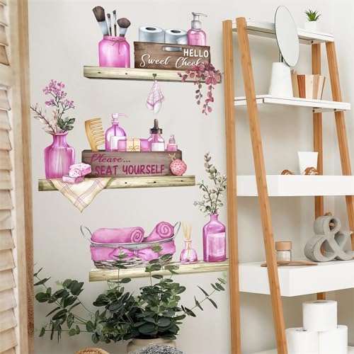 Pink Towel Shelf Wall Stickers for Bathroom Decor