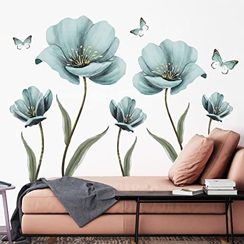 Dreamy Blue Flower Wall Decals with Painted Butterflies