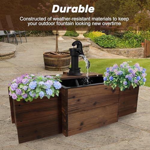 Outdoor Wooden Rectangular Pump Water Fountain with Flower Box