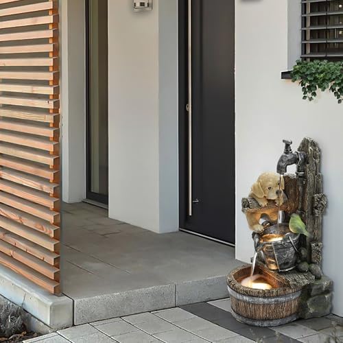 LuxenHome Whimsical Puppy Dog Water Fountain Outdoor with LED Lights