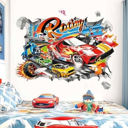 Decalmile 3D Racing Cars Wall Decals for Kids Room