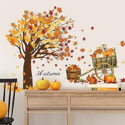 Fall Thanksgiving Wall Sticker with Maple Leaves and Pumpkins