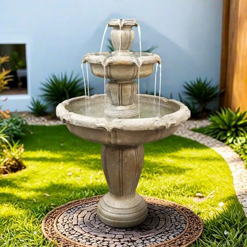 SunJet 48 Inch Modern Concrete Water Fountain with 3 Tiered Waterfalls