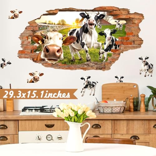 3D Broken Wall Decals Funny Cow Art for Living Room Kitchen