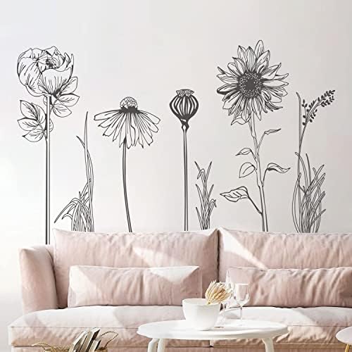 Black Simple Flower Plant Wall Decals 2 Sheets