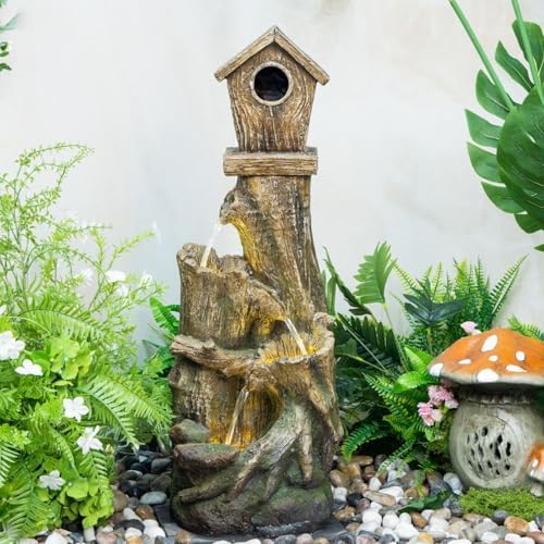 Outdoor Water Fountain with LED Lights - Rustic Garden Decor