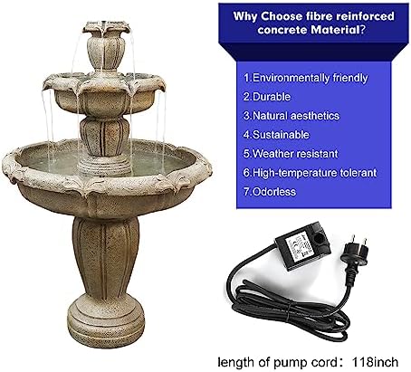 SunJet 48 Inch Modern Concrete Water Fountain with 3 Tiered Waterfalls