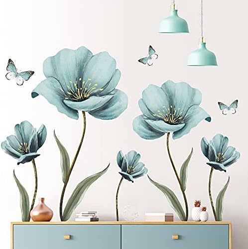 Dreamy Blue Flower Wall Decals with Painted Butterflies