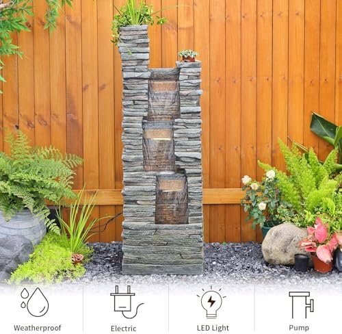 47 Inch Gray Outdoor Fountain With LED Lights And Pump