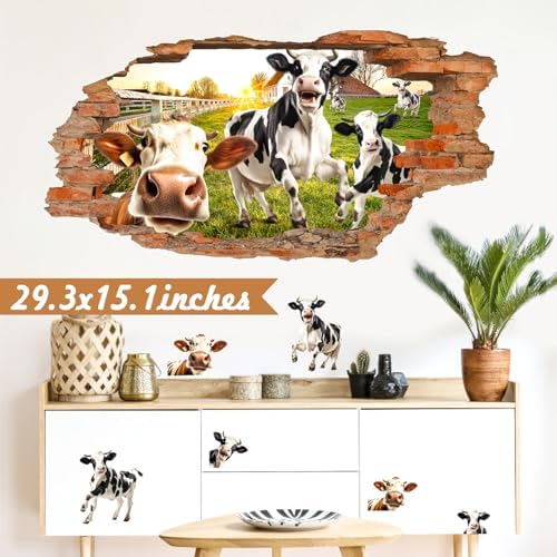 3D Broken Wall Decals Funny Cow Art for Living Room Kitchen