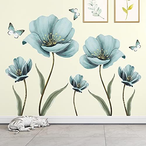Dreamy Blue Flower Wall Decals with Painted Butterflies