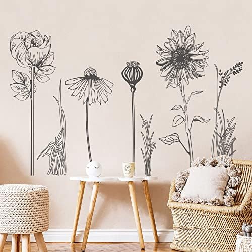 Black Simple Flower Plant Wall Decals 2 Sheets