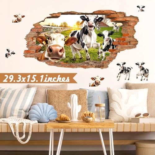 3D Broken Wall Decals Funny Cow Art for Living Room Kitchen