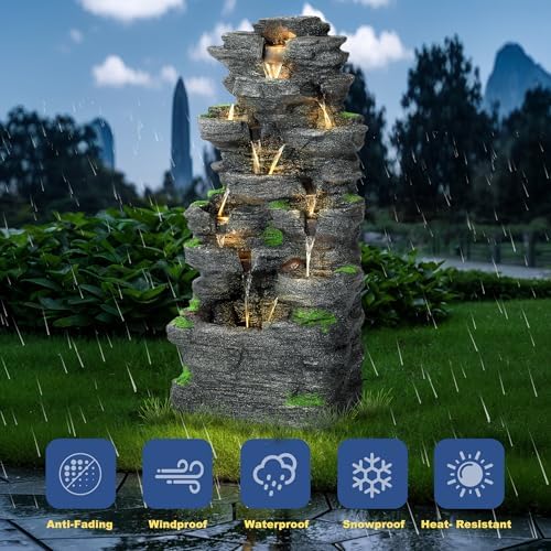 MAGIC UNION 10-Tier Rock Water Fountain with LED Lights