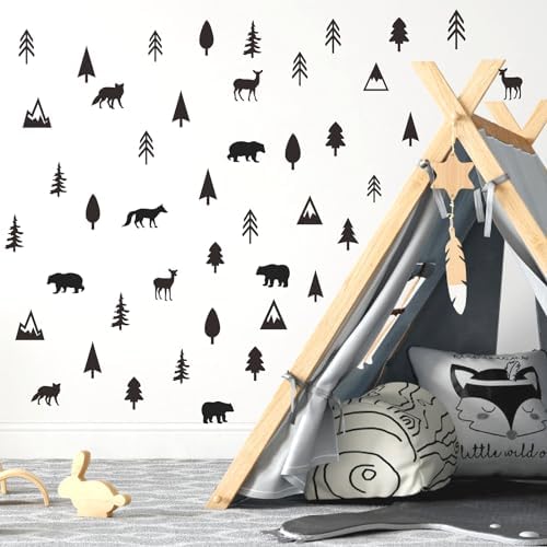 Woodland Animal Wall Stickers with Pine Tree and Mountain Decals