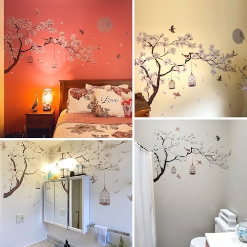 Chinese Style White Flowers Black Tree Wall Decals 50x74 Inch