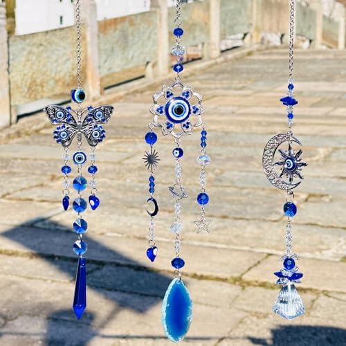 Elegant Blue Crystal Moon Sun Catcher Evil Eye Garden Hanging Ornament