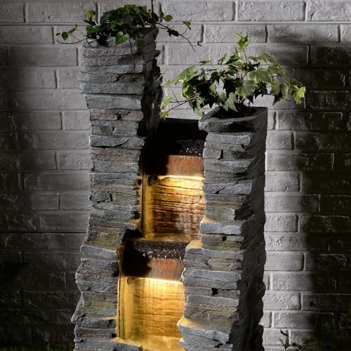47 Inch Gray Outdoor Fountain With LED Lights And Pump