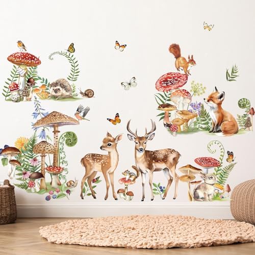 Decalmile Woodland Animals Wall Decals Deer Fox Mushroom Butterfly Stickers